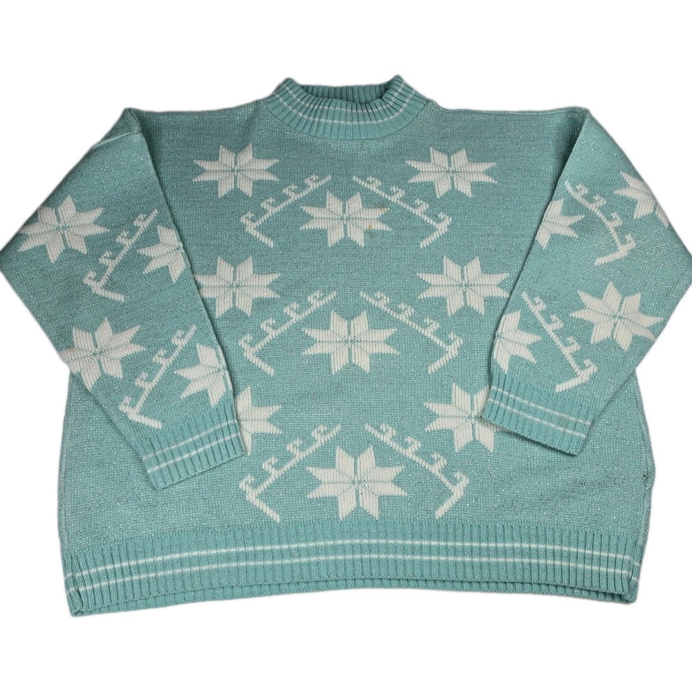 Vintage 80s Honors Sweater Womens L Aqua Mint Snowflake Metallic Lurex USA